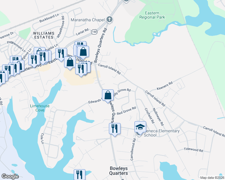 map of restaurants, bars, coffee shops, grocery stores, and more near 315 Bowleys Quarters Road in Middle River