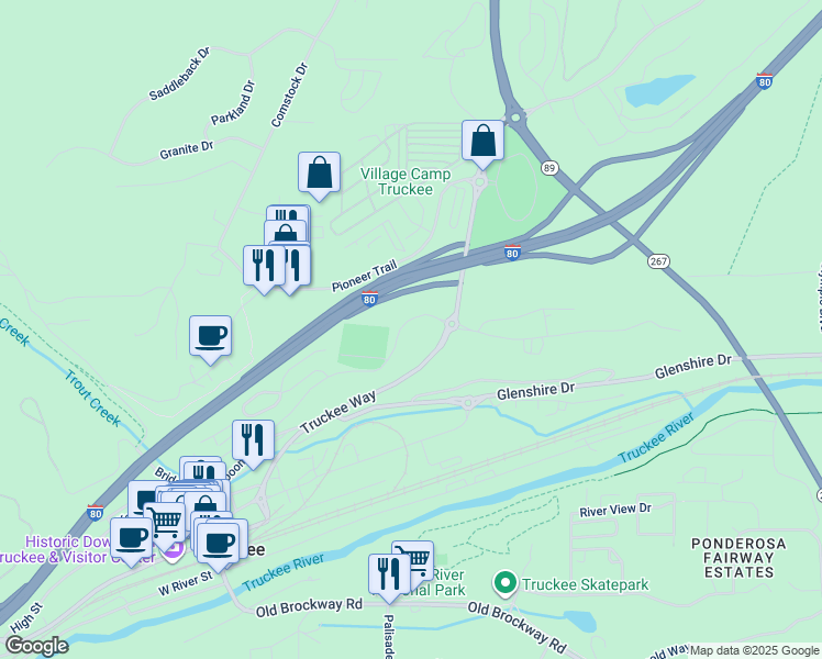 map of restaurants, bars, coffee shops, grocery stores, and more near 10470 East Jibboom Street in Truckee