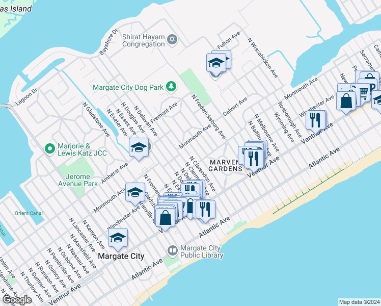 map of restaurants, bars, coffee shops, grocery stores, and more near 113 North Clarendon Avenue in Margate City
