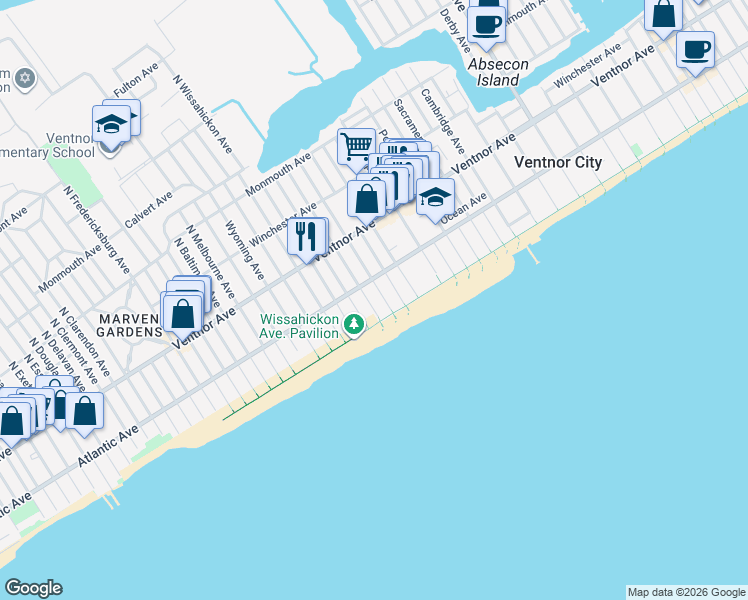 map of restaurants, bars, coffee shops, grocery stores, and more near 110 South Troy Avenue in Ventnor City