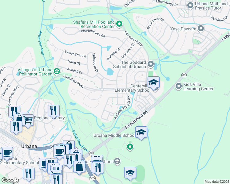 map of restaurants, bars, coffee shops, grocery stores, and more near 3831 Sugarloaf Parkway in Frederick