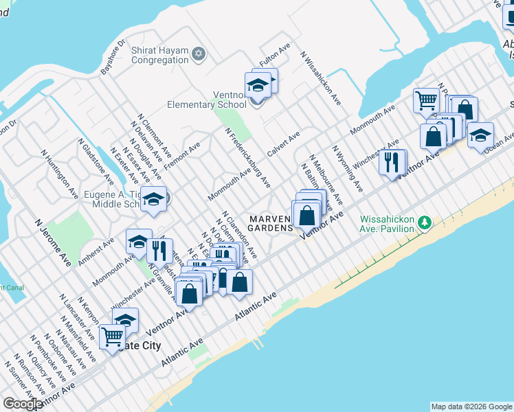 map of restaurants, bars, coffee shops, grocery stores, and more near 7506 Winchester Avenue in Margate City