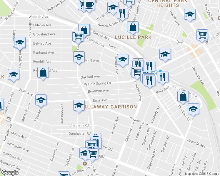 map of restaurants, bars, coffee shops, grocery stores, and more near 3824 Boarman Avenue in Baltimore