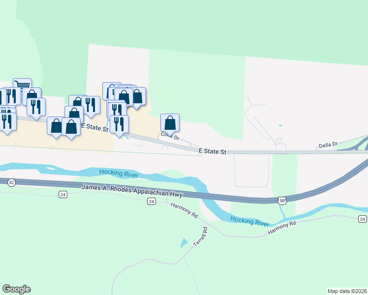 map of restaurants, bars, coffee shops, grocery stores, and more near 1188 East State Street in Athens