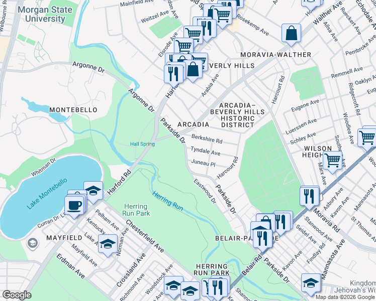 map of restaurants, bars, coffee shops, grocery stores, and more near 3200 Parkside Drive in Baltimore