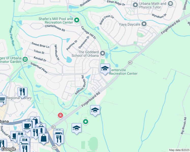 map of restaurants, bars, coffee shops, grocery stores, and more near 9501 Knights Walk Lane in Frederick