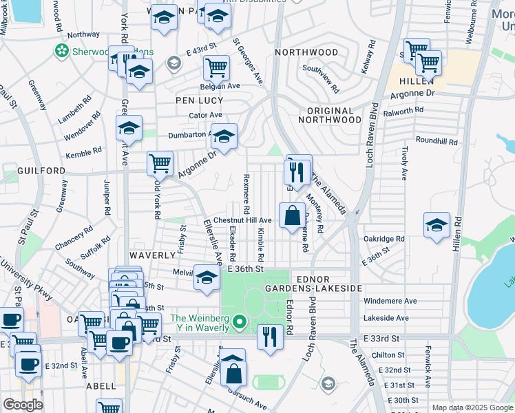 map of restaurants, bars, coffee shops, grocery stores, and more near 3818 Kimble Road in Baltimore
