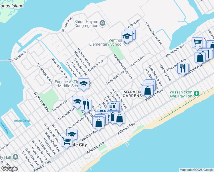 map of restaurants, bars, coffee shops, grocery stores, and more near 203 North Delavan Avenue in Margate City
