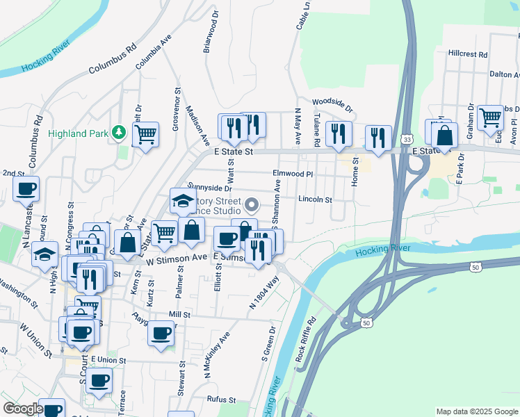 map of restaurants, bars, coffee shops, grocery stores, and more near 103 Maplewood Drive in Athens