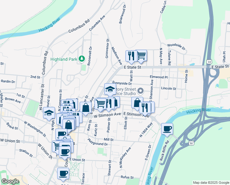 map of restaurants, bars, coffee shops, grocery stores, and more near 3 Wallace Drive in Athens