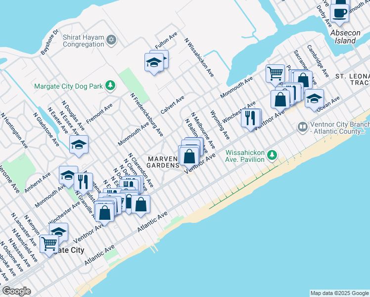 map of restaurants, bars, coffee shops, grocery stores, and more near 33 North Martindale Avenue in Ventnor City