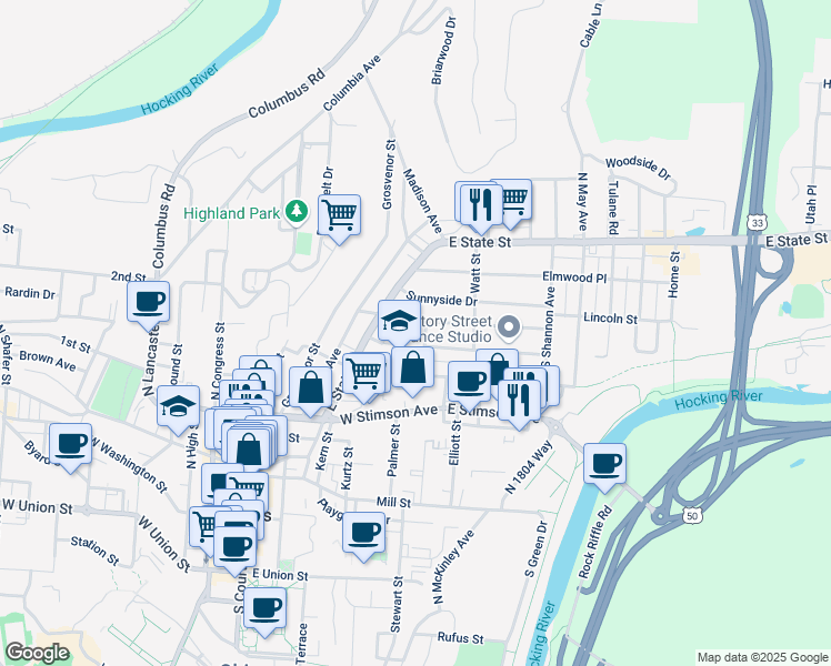map of restaurants, bars, coffee shops, grocery stores, and more near 3 Wallace Drive in Athens
