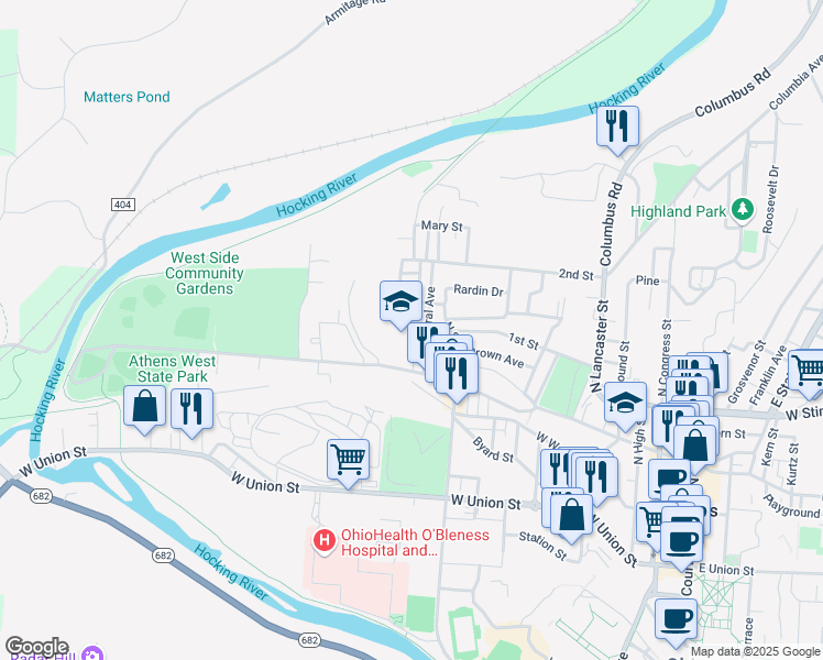 map of restaurants, bars, coffee shops, grocery stores, and more near 41 Central Avenue in Athens