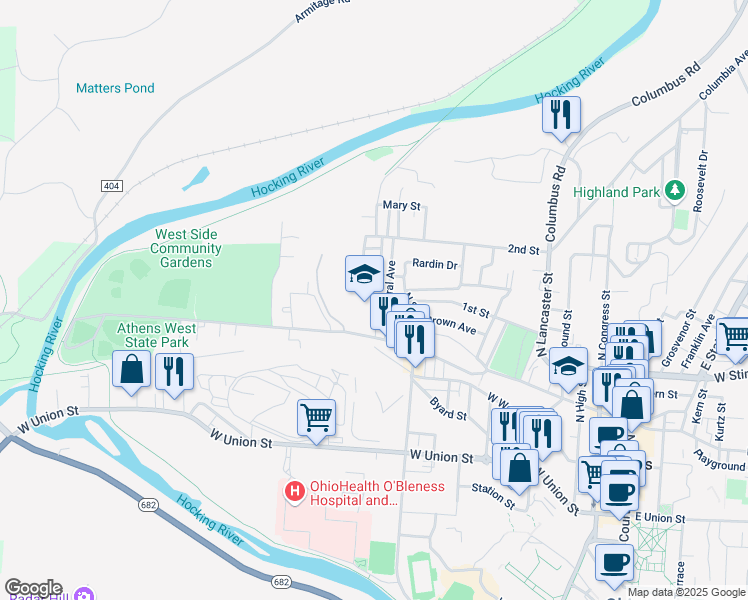 map of restaurants, bars, coffee shops, grocery stores, and more near 41 Central Avenue in Athens