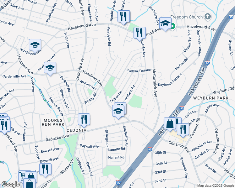 map of restaurants, bars, coffee shops, grocery stores, and more near 5628 Leiden Road in Baltimore