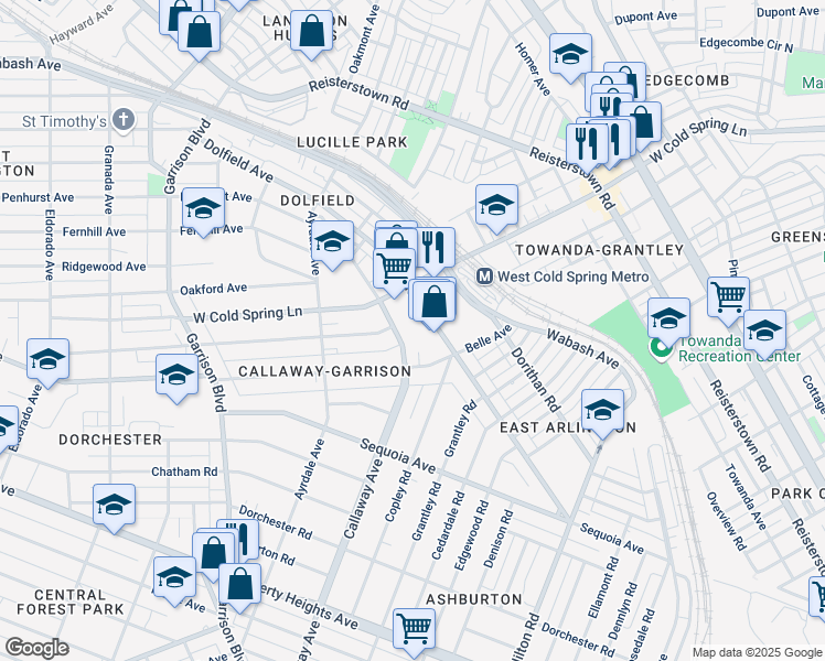 map of restaurants, bars, coffee shops, grocery stores, and more near 3915 Callaway Avenue in Baltimore