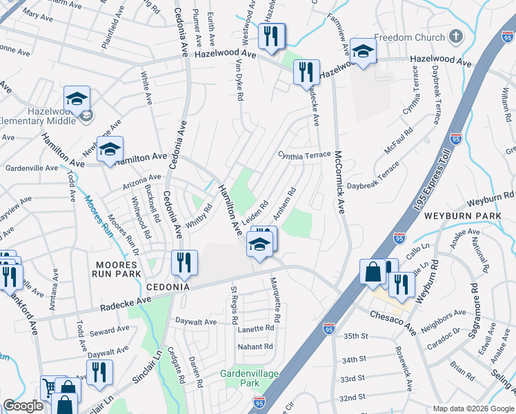 map of restaurants, bars, coffee shops, grocery stores, and more near 5628 Leiden Road in Baltimore