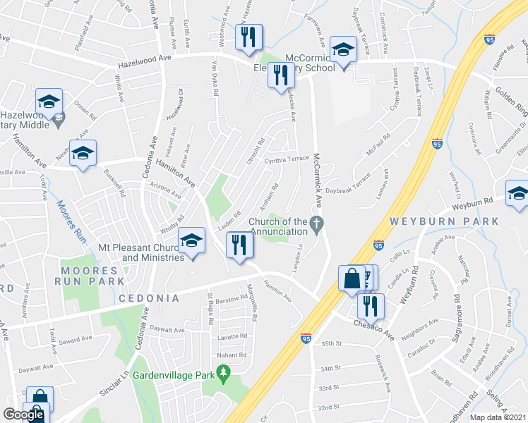 map of restaurants, bars, coffee shops, grocery stores, and more near 5667 Arnhem Road in Baltimore