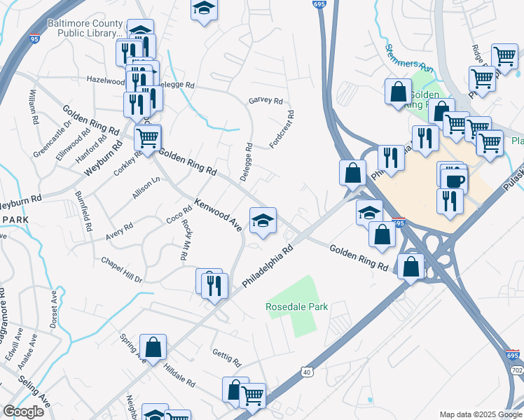 map of restaurants, bars, coffee shops, grocery stores, and more near 6801 Golden Ring Road in Rosedale