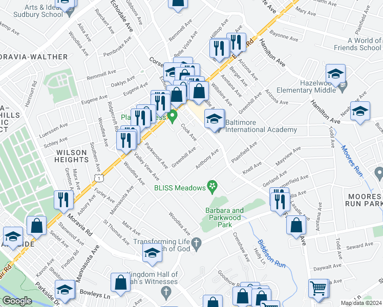 map of restaurants, bars, coffee shops, grocery stores, and more near 5109 Greenhill Avenue in Baltimore