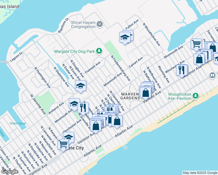 map of restaurants, bars, coffee shops, grocery stores, and more near 109 North Clarendon Avenue in Margate City