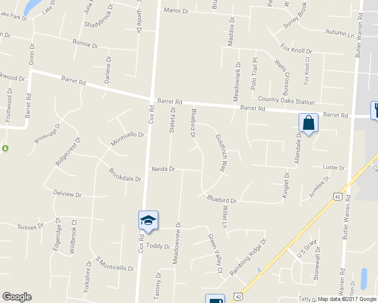map of restaurants, bars, coffee shops, grocery stores, and more near 7909 Hummingbird Lane in Butler County