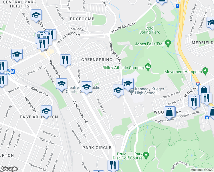 map of restaurants, bars, coffee shops, grocery stores, and more near 2441 Keyworth Avenue in Baltimore