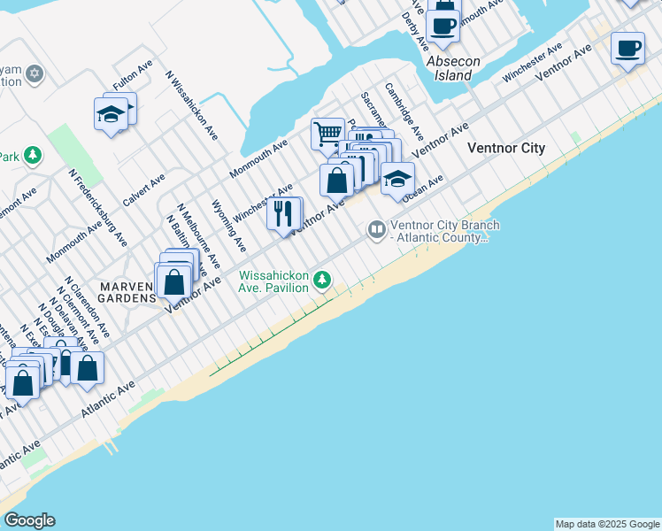 map of restaurants, bars, coffee shops, grocery stores, and more near 6802 Atlantic Avenue in Ventnor City