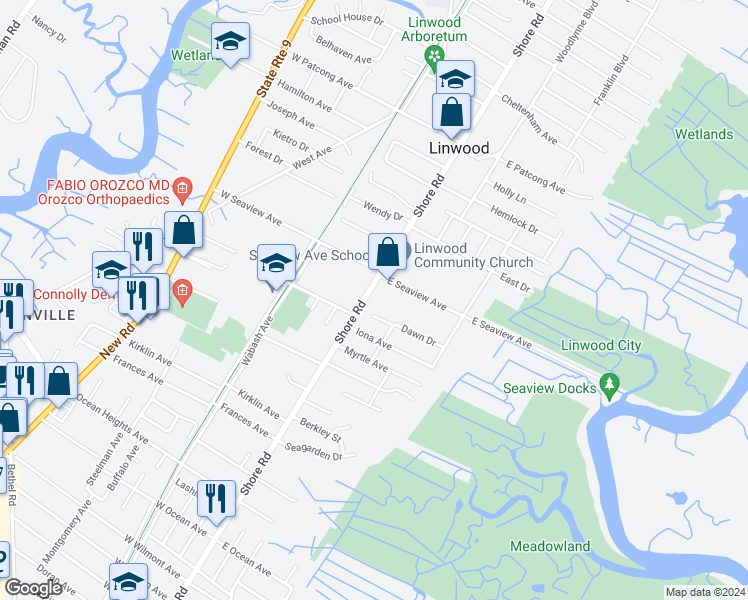 map of restaurants, bars, coffee shops, grocery stores, and more near 12 Dawn Drive in Linwood