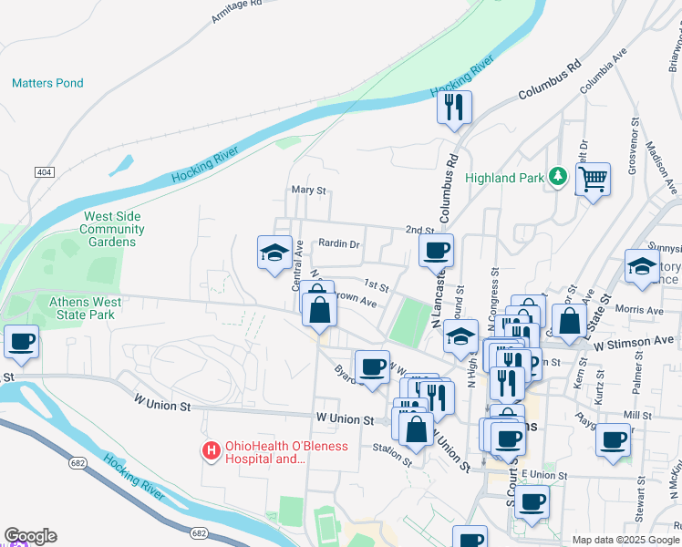map of restaurants, bars, coffee shops, grocery stores, and more near 8 1st Street in Athens