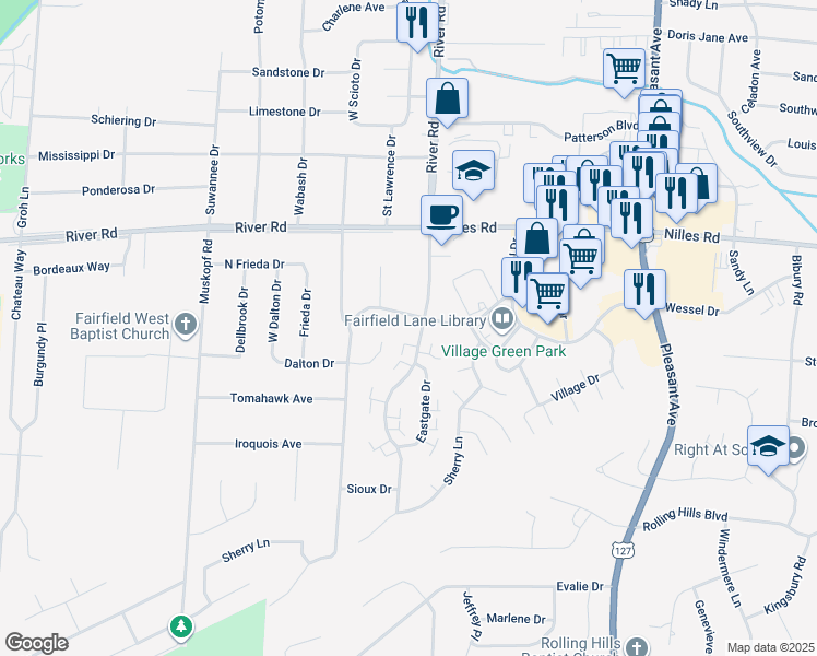 map of restaurants, bars, coffee shops, grocery stores, and more near 1345 Dalton Court in Fairfield