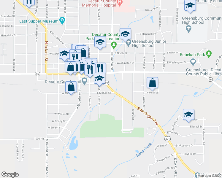 map of restaurants, bars, coffee shops, grocery stores, and more near 200 S Michigan Ave in Greensburg