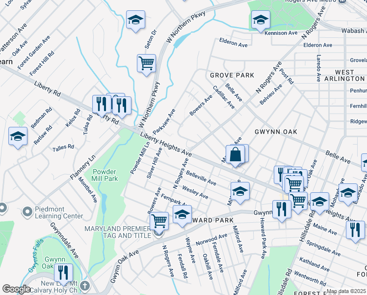 map of restaurants, bars, coffee shops, grocery stores, and more near 5514 Liberty Heights Avenue in Baltimore
