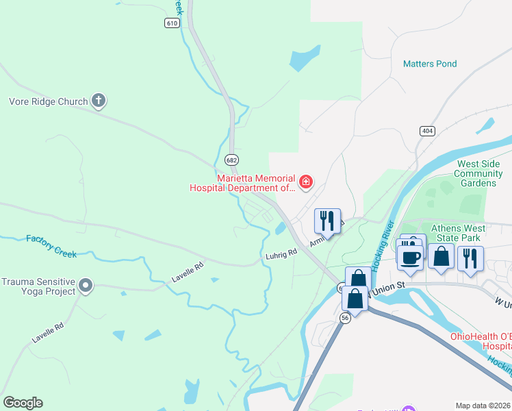 map of restaurants, bars, coffee shops, grocery stores, and more near 9309 Ohio 682 in Athens