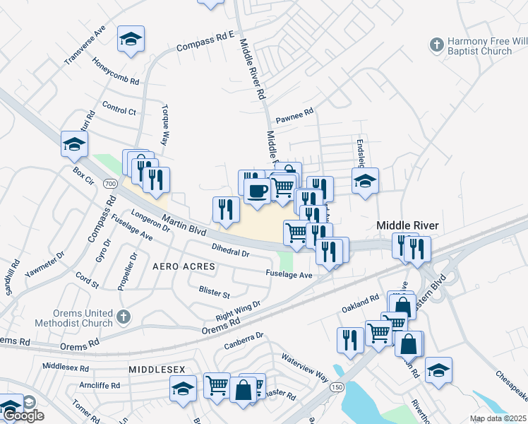 map of restaurants, bars, coffee shops, grocery stores, and more near 1408 Martin Boulevard in Middle River