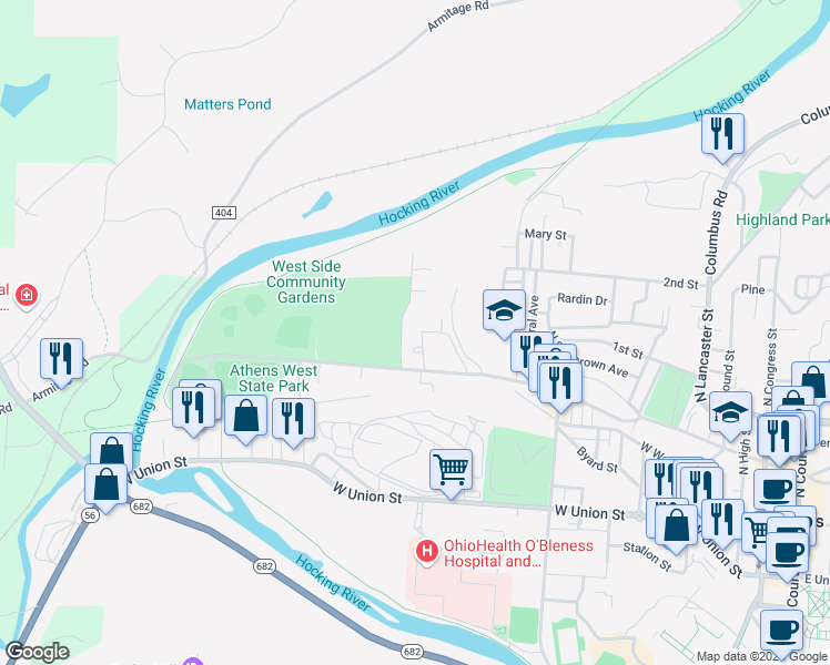 map of restaurants, bars, coffee shops, grocery stores, and more near 332 West State Street in Athens