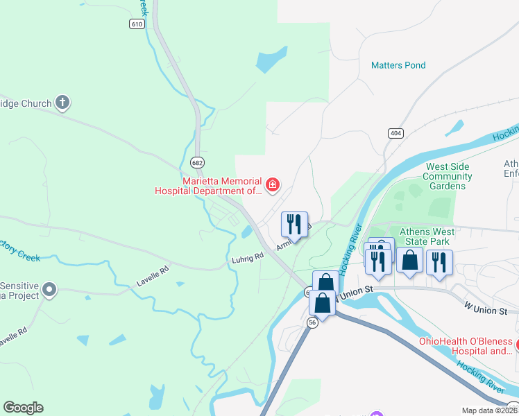 map of restaurants, bars, coffee shops, grocery stores, and more near 9252-9302 S Plains Rd in Athens
