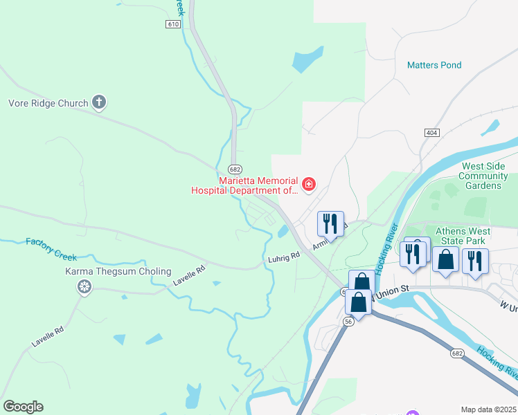 map of restaurants, bars, coffee shops, grocery stores, and more near 9302 Ohio 682 in Athens