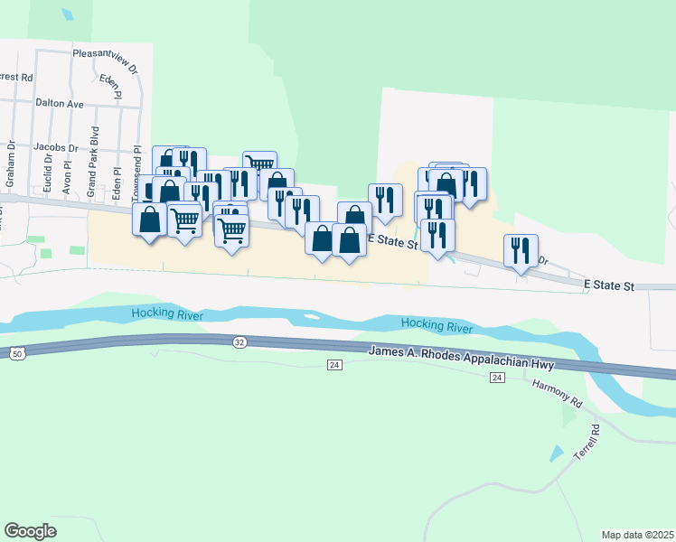 map of restaurants, bars, coffee shops, grocery stores, and more near 973 East State Street in Athens