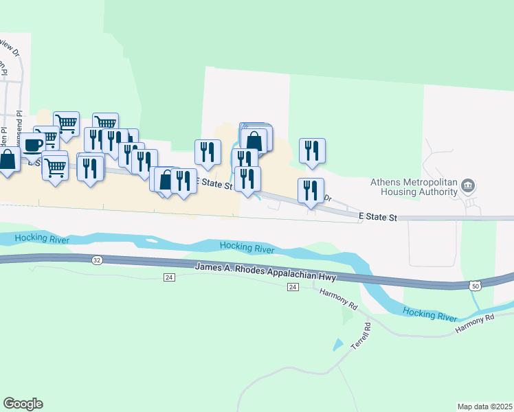 map of restaurants, bars, coffee shops, grocery stores, and more near Hockhocking Adena Bikeway in Athens
