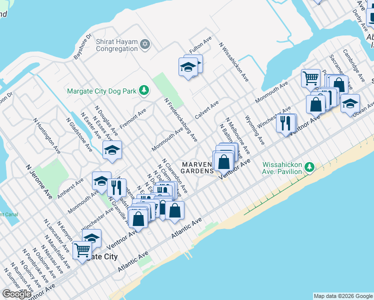 map of restaurants, bars, coffee shops, grocery stores, and more near 21 West Drive in Margate City