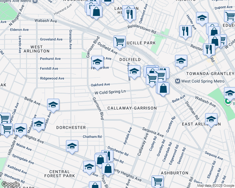 map of restaurants, bars, coffee shops, grocery stores, and more near 3819 West Cold Spring Lane in Baltimore