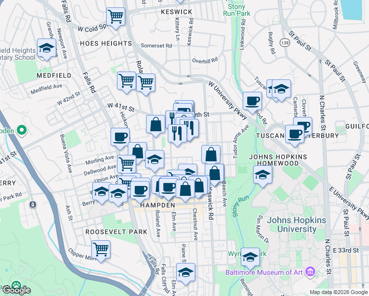 map of restaurants, bars, coffee shops, grocery stores, and more near 727 West 40th Street in Baltimore