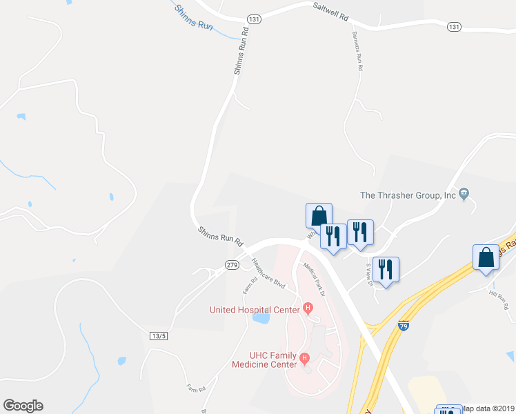 map of restaurants, bars, coffee shops, grocery stores, and more near West Virginia 279 in Bridgeport
