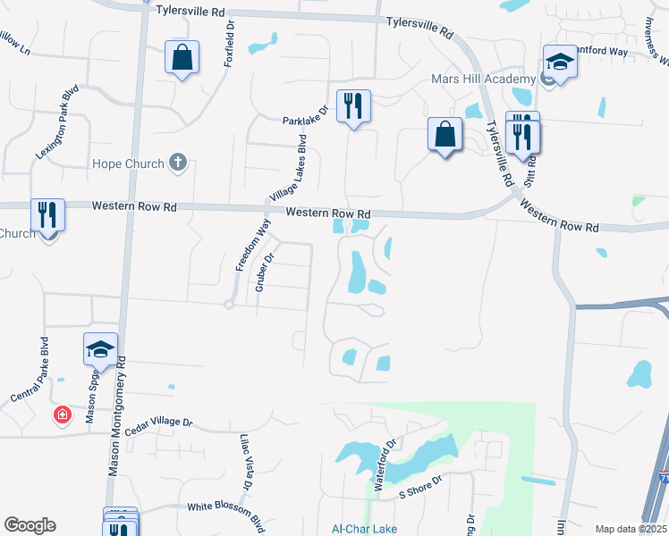 map of restaurants, bars, coffee shops, grocery stores, and more near 7191 White Oak Court in Mason