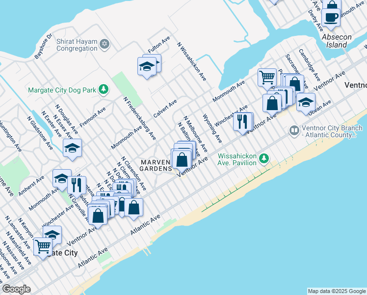 map of restaurants, bars, coffee shops, grocery stores, and more near 33 North Martindale Avenue in Ventnor City