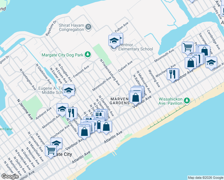 map of restaurants, bars, coffee shops, grocery stores, and more near 21 West Drive in Margate City