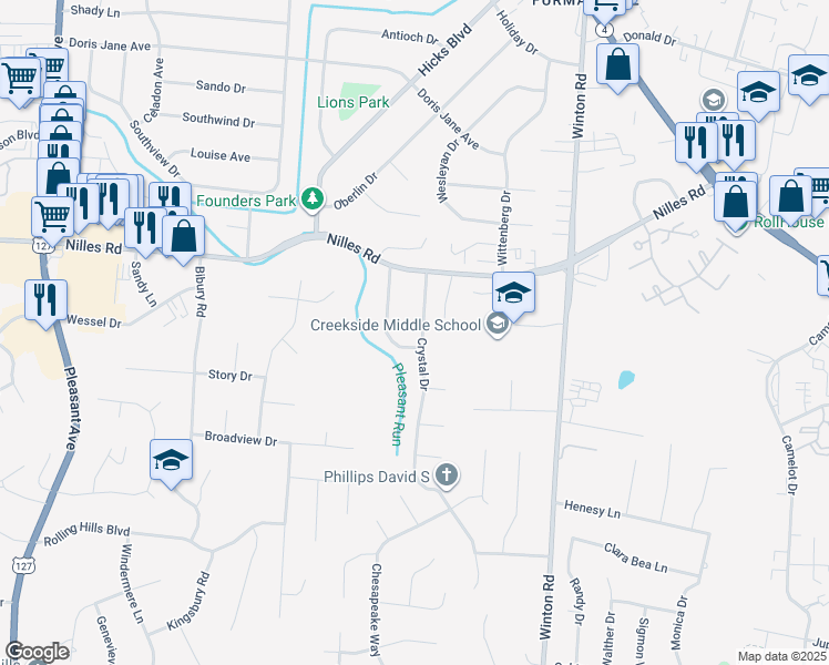 map of restaurants, bars, coffee shops, grocery stores, and more near 5259 Crystal Drive in Fairfield