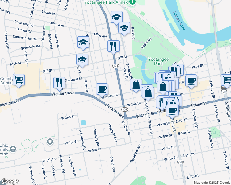 map of restaurants, bars, coffee shops, grocery stores, and more near 94 North High Street in Chillicothe