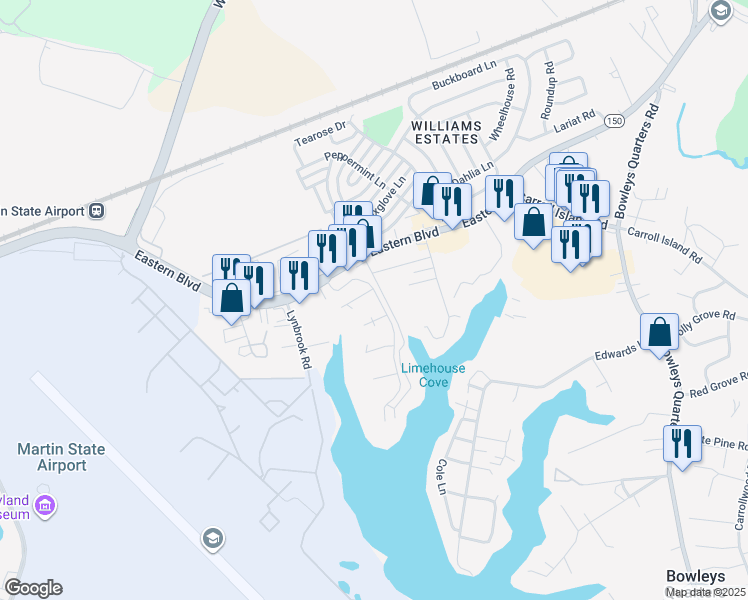 map of restaurants, bars, coffee shops, grocery stores, and more near 103 Mariners Point Drive in Middle River